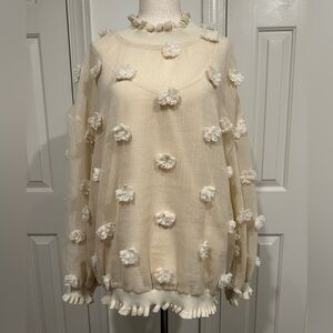 ENTRO Sheer Sweatshirt W Fuzzies Ruffle Knit Hem & Cami Sz M
